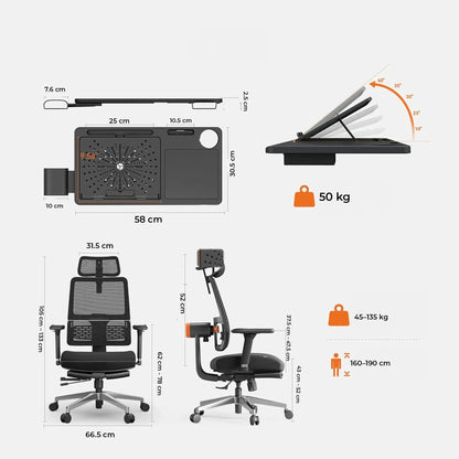 Scaun ergonomic birou 2 in 1, Cu suport picioare, Spatar inclinabil, Tetiera auto-follow, Cotiere 4D, Reglaj inaltime si adancime, Tavita laptop detasabila, Suport pahar, Plasa Mesh, Negru - 221.ro