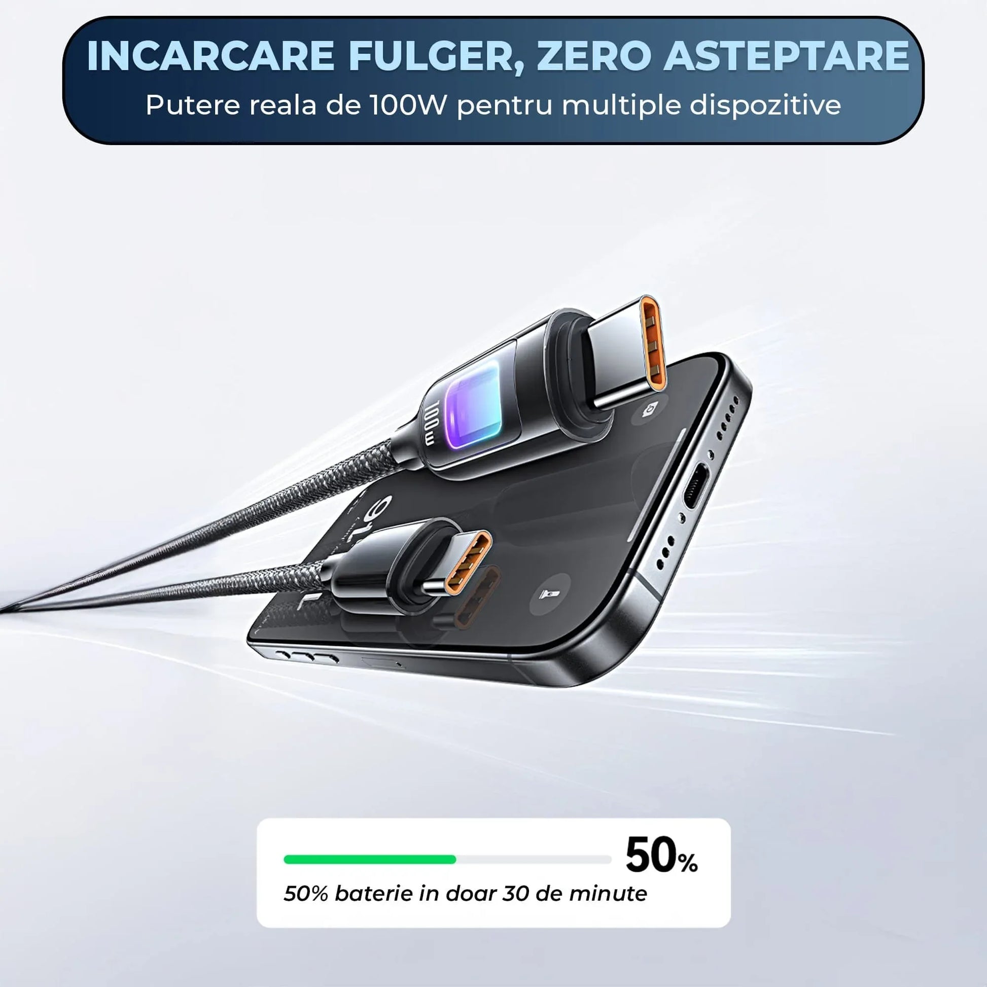 Cablu de Incarcare si Transfer de Date, Timebox, Fast Charge 100W, LED, USB-C la USB-C USB, Compatibil Macbook, iPhone, Samsung, Huawei, Xiaomi, Bej - 221.ro