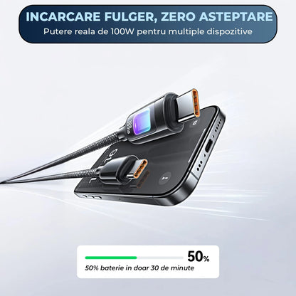 Cablu de Incarcare si Transfer de Date, Timebox, Fast Charge 100W, LED, USB-C la USB-C USB, Compatibil Macbook, iPhone, Samsung, Huawei, Xiaomi, Bej - 221.ro