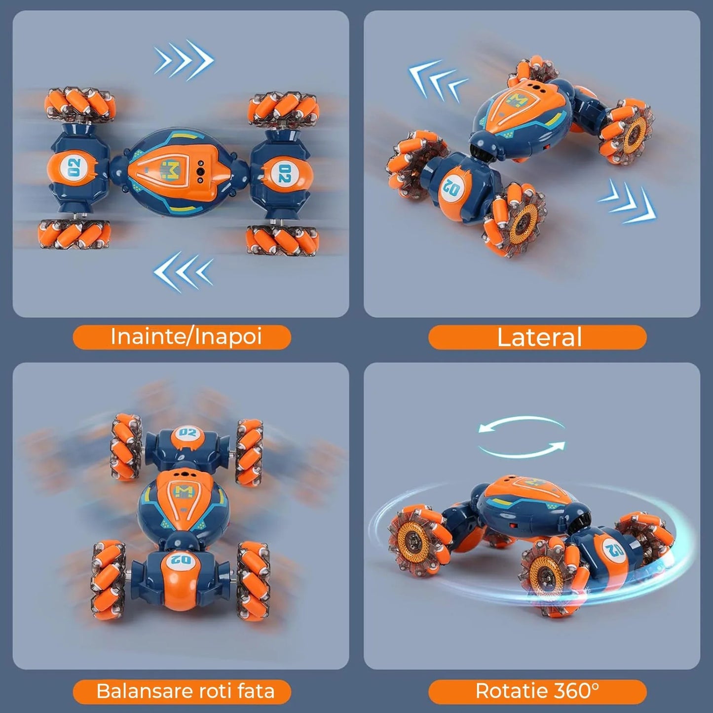 Masina cu Telecomanda RC Stunt Acrobatii Timebox, Rotire 360°, Control prin Gesturi, 4WD Off Road, Lumini si Sunete, baterie tip acumulator reincarcabila, Drift Lateral 2,4Ghz Jucarie Cadou pentru Copii 6-12 Ani, Portocaliu/Albastru - 221.ro