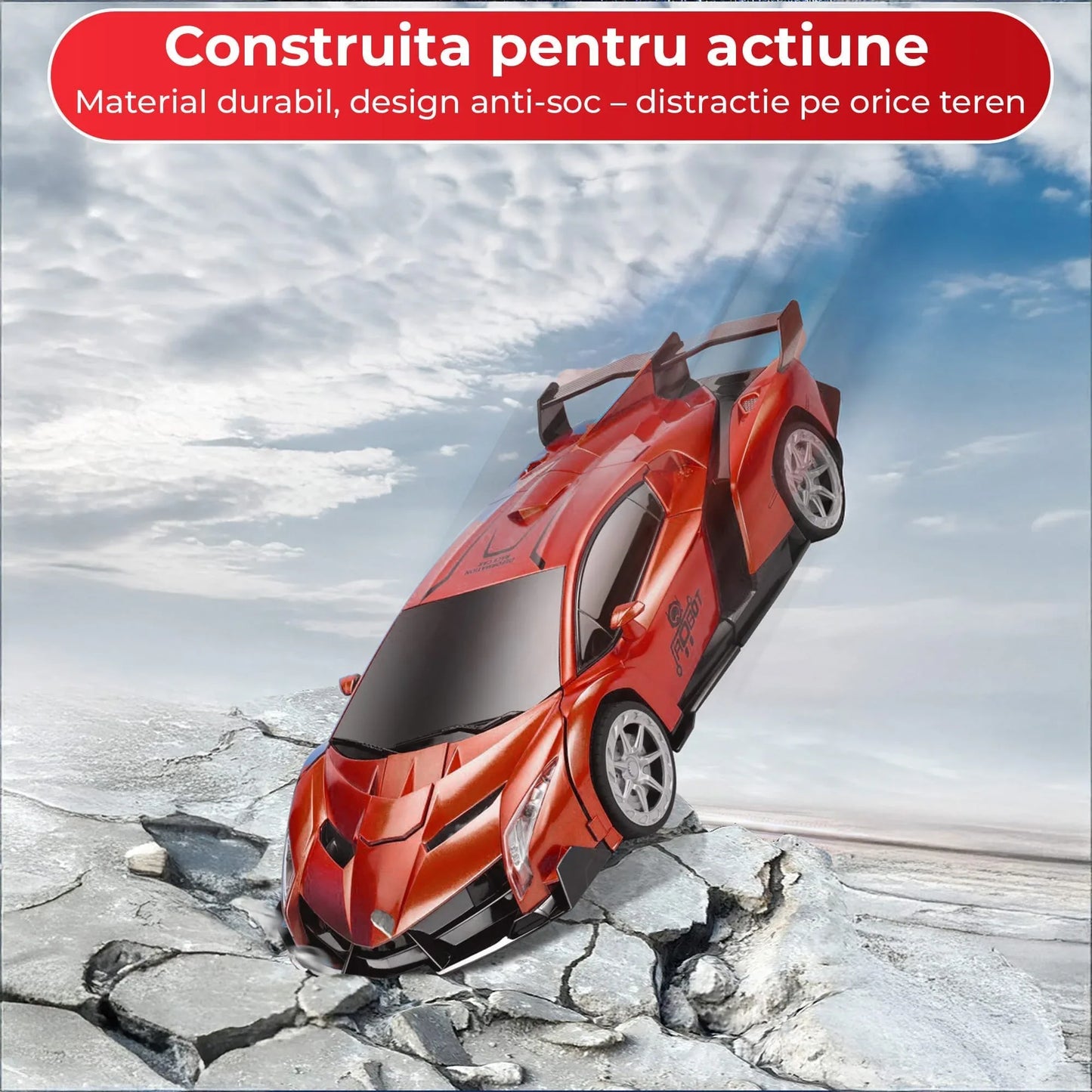 Masina cu Telecomanda Transformabila in Robot Timebox, Rotire 360°, Control Vocal si prin Gesturi, 2,4Ghz, Lumini si Sunete controlabile, 2 baterii tip acumulator reincarcabile, Jucarie Cadou pentru Copii 5+ Ani, Rosu - 221.ro