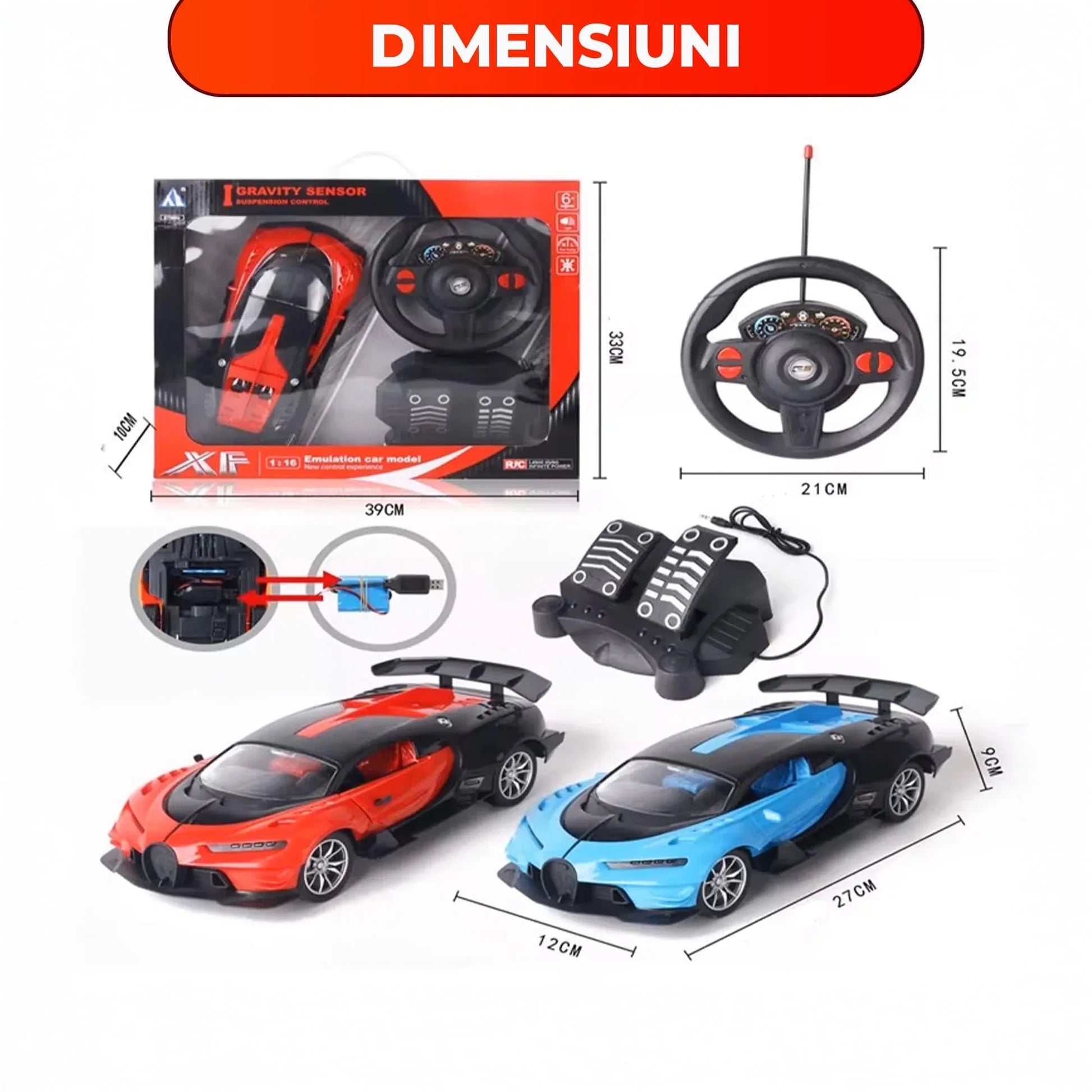 Masina cu Telecomanda tip Volan si Pedale Timebox, Scara 1:16, Lumini LED, 2,4Ghz, Design Supercar, baterie tip acumulator reincarcabila, Cadou pentru Copii 6+ Ani, Rosu - 221.ro