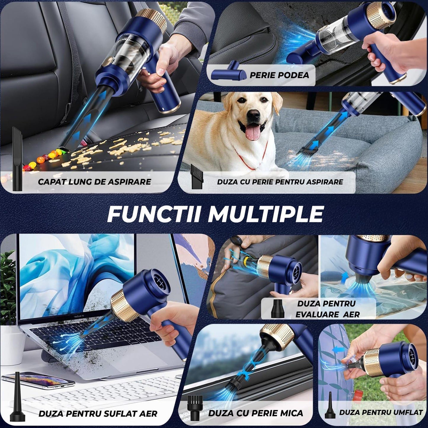 Aspirator Auto Portabil Timebox, 2 in 1, 16000PA, Fara Fir, Albastru