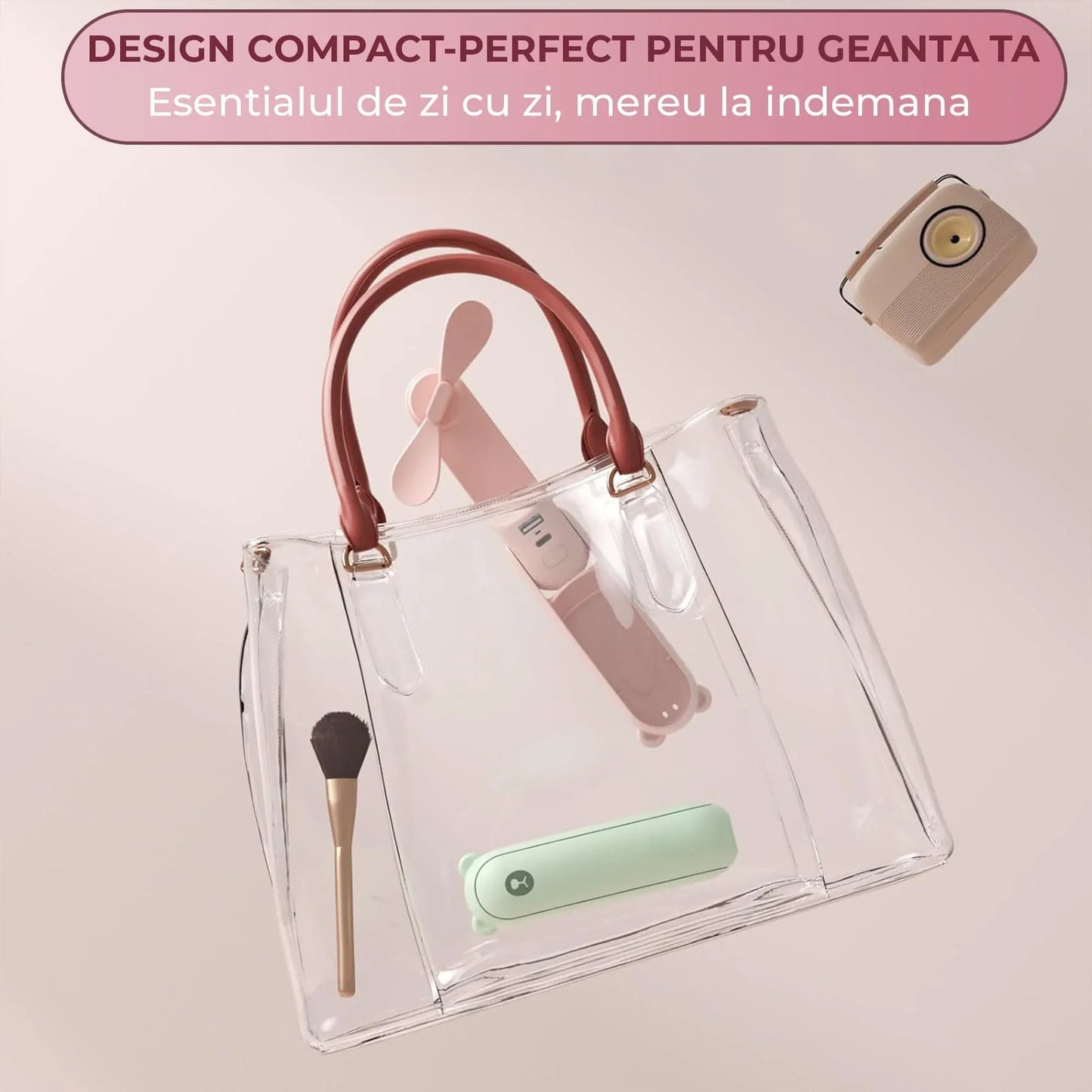 Mini Ventilator Portabil 3 in 1, Reincarcabil USB, Roz