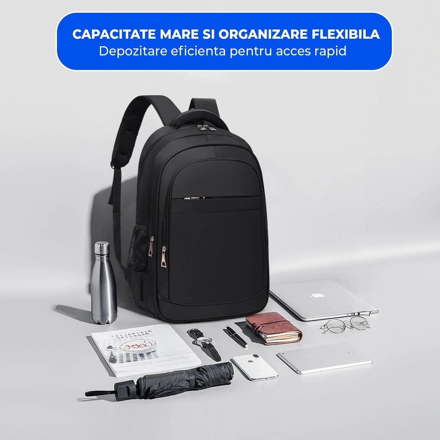 Ghiozdan Timebox, Waterproof, de pana la 16 inch, 4 compartimente, Negru