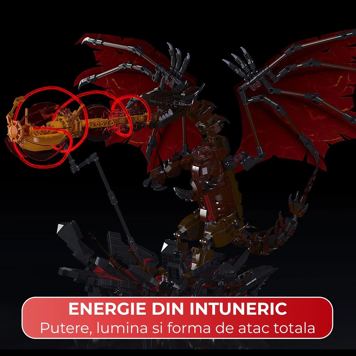 Set Constructie Dragon De Foc 2 In 1 Timebox, 1774 Piese LED ABS, Rosu