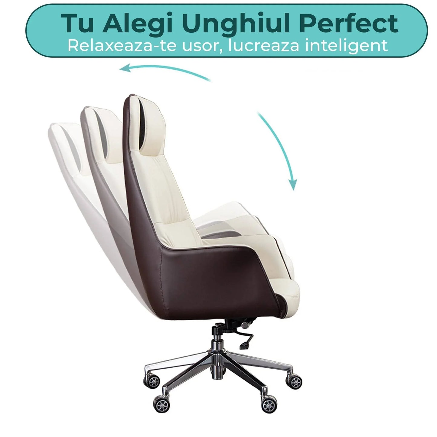 Scaun Directorial Din Piele Naturala pentru Birou Timebox, Reglabil pe Inaltime, Rotativ, Cadru din Lemn si Spuma cu Densitate Mare, Design Modern si Confort Sporit pentru Utilizare Indelungata, Alb/Maro - 221.ro