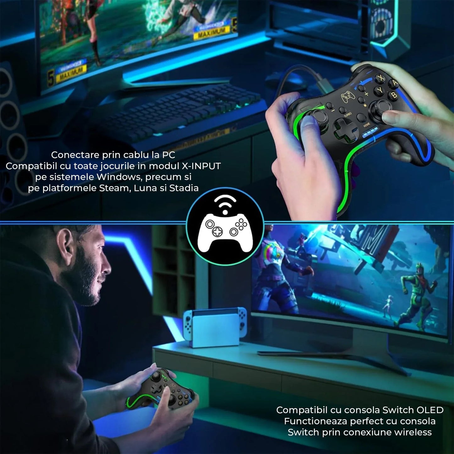 Gamepad Wireless Timebox, PC si Telefon, Ergonomic, Vibratii, Transparent