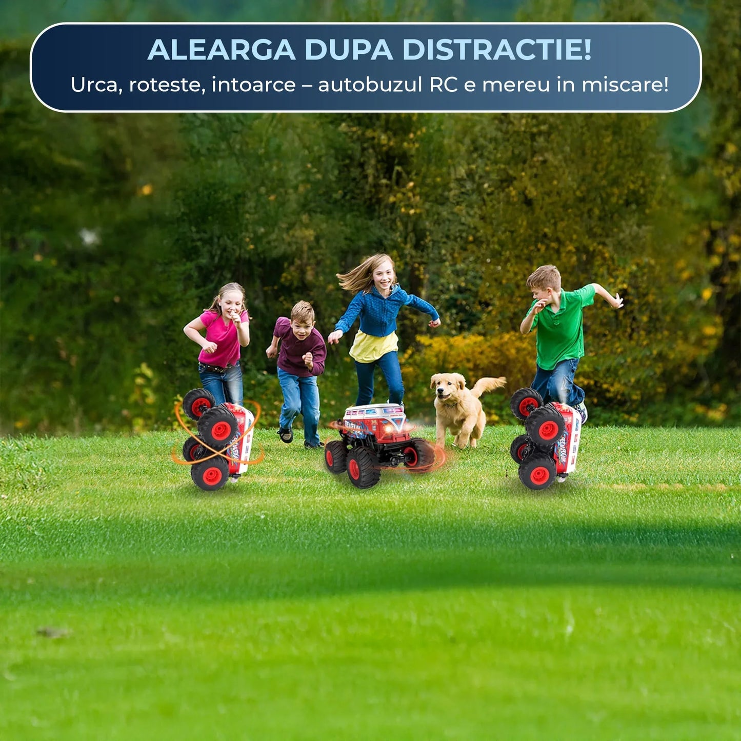 Masina cu Telecomanda Timebox Tip Autobuz Scolar, Scara 1:20, 4x4, Drift 360°, Flip 90°, Efect Spray, LED-uri, Muzica si o Baterie tip acumulator reincarcabila, Jucarie Cadou pentru Copii 3+ Ani, Rosu - 221.ro