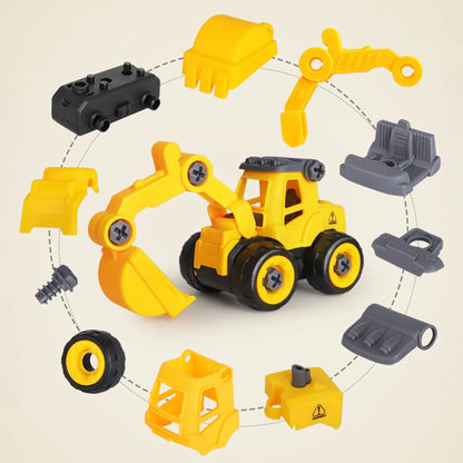 Set 6 in 1 Masini de Jucarie Timebox, Demontabile Buldozer, Betoniera, Galben