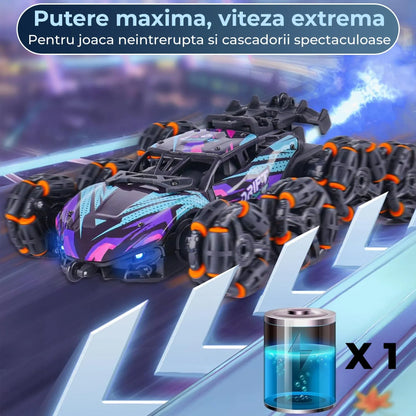 Masina cu Telecomanda RC Stunt 8 Roti, Acrobatii Timebox, Rotire 360°, Control prin Gesturi, 4WD Off Road, Lumini, Sunete si Efecte de Fum, baterie tip acumulator reincarcabila, Drift Lateral 2,4Ghz Jucarie Cadou pentru Copii 6-14 Ani, Mov - 221.ro