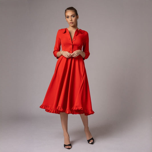 Rochie corai midi cu fusta clos si guler baby Emily