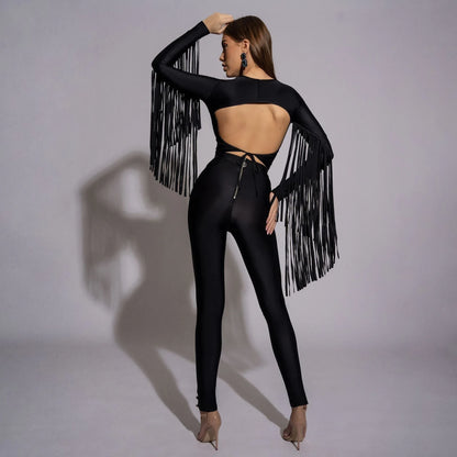 Bluza dama neagra modelatoare cu spate gol si franjuri