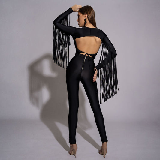 Bluza dama neagra modelatoare cu spate gol si franjuri