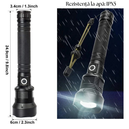 Lanternă Tactică LED XHP70 – 10.000 Lumeni, Zoom, 3 Moduri, USB Reîncărcabilă, Rezistență la Temperatură Scăzută, IPX5