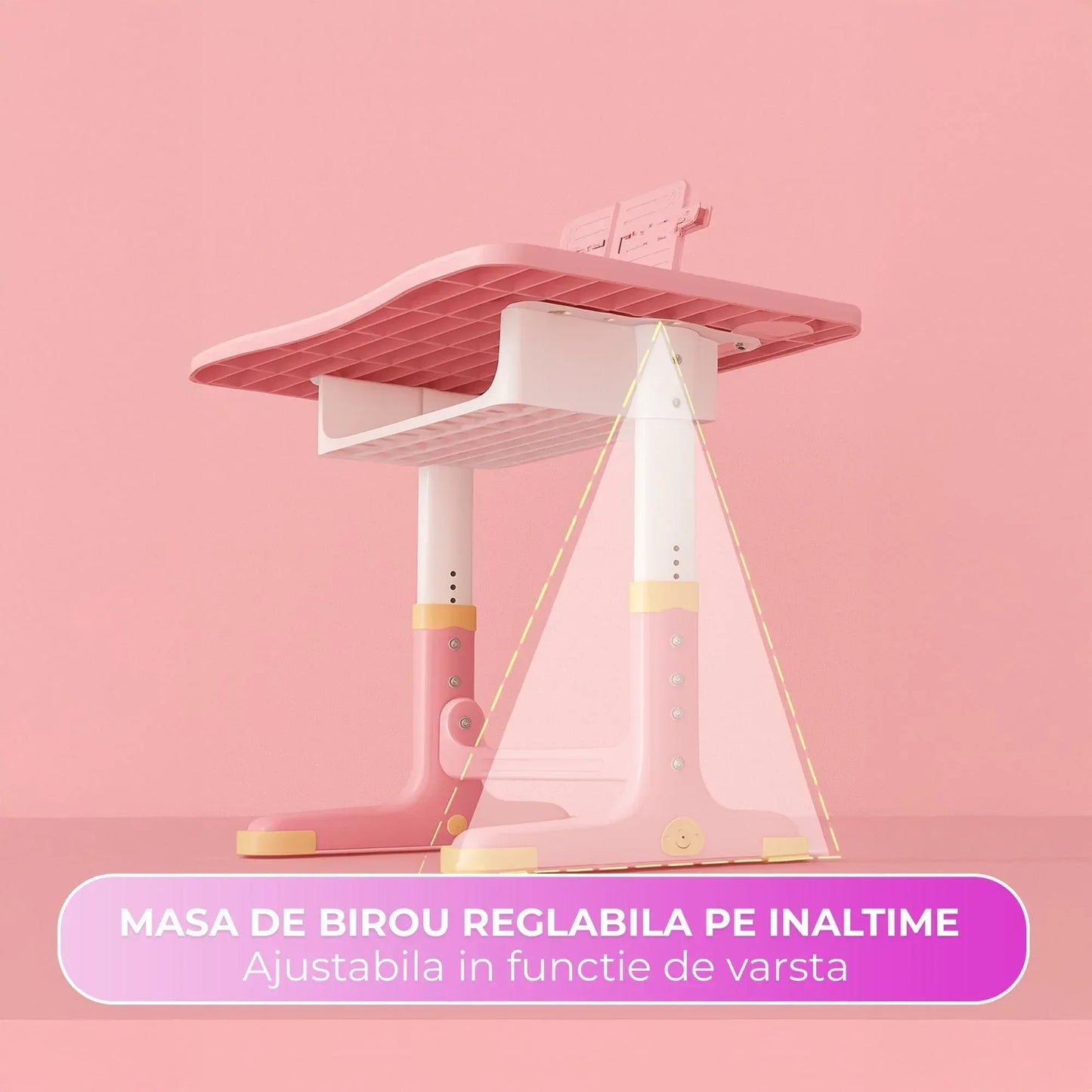 Set Birou Copii + Scaun, Reglabil 6-18 ani, Blat 70x45 cm, Inclinare ergonomica, Suport carte, Lampa LED, Sertar, Colturi rotunjite, Roz - 221.ro