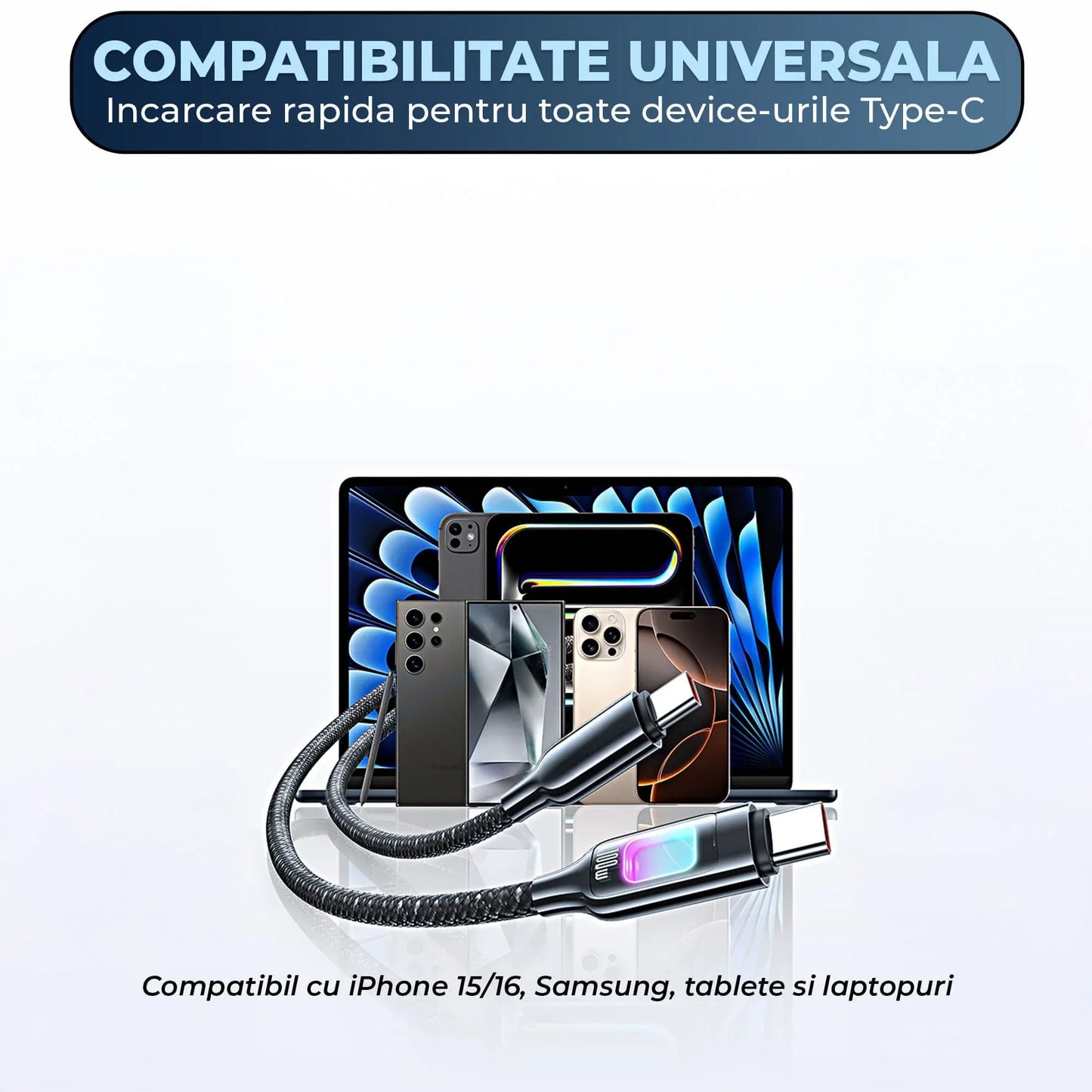 Cablu de Incarcare si Transfer de Date, Timebox, Fast Charge 100W, LED, USB-C la USB-C USB, Compatibil Macbook, iPhone, Samsung, Huawei, Xiaomi, Bej - 221.ro