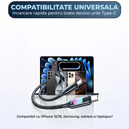 Cablu de Incarcare si Transfer de Date, Timebox, Fast Charge 100W, LED, USB-C la USB-C USB, Compatibil Macbook, iPhone, Samsung, Huawei, Xiaomi, Bej - 221.ro
