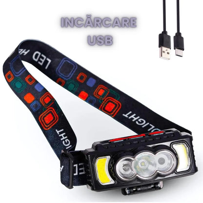 Lanternă frontală HX-810 cu 5 LED și 7 moduri iluminare, acumulator reîncărcabil