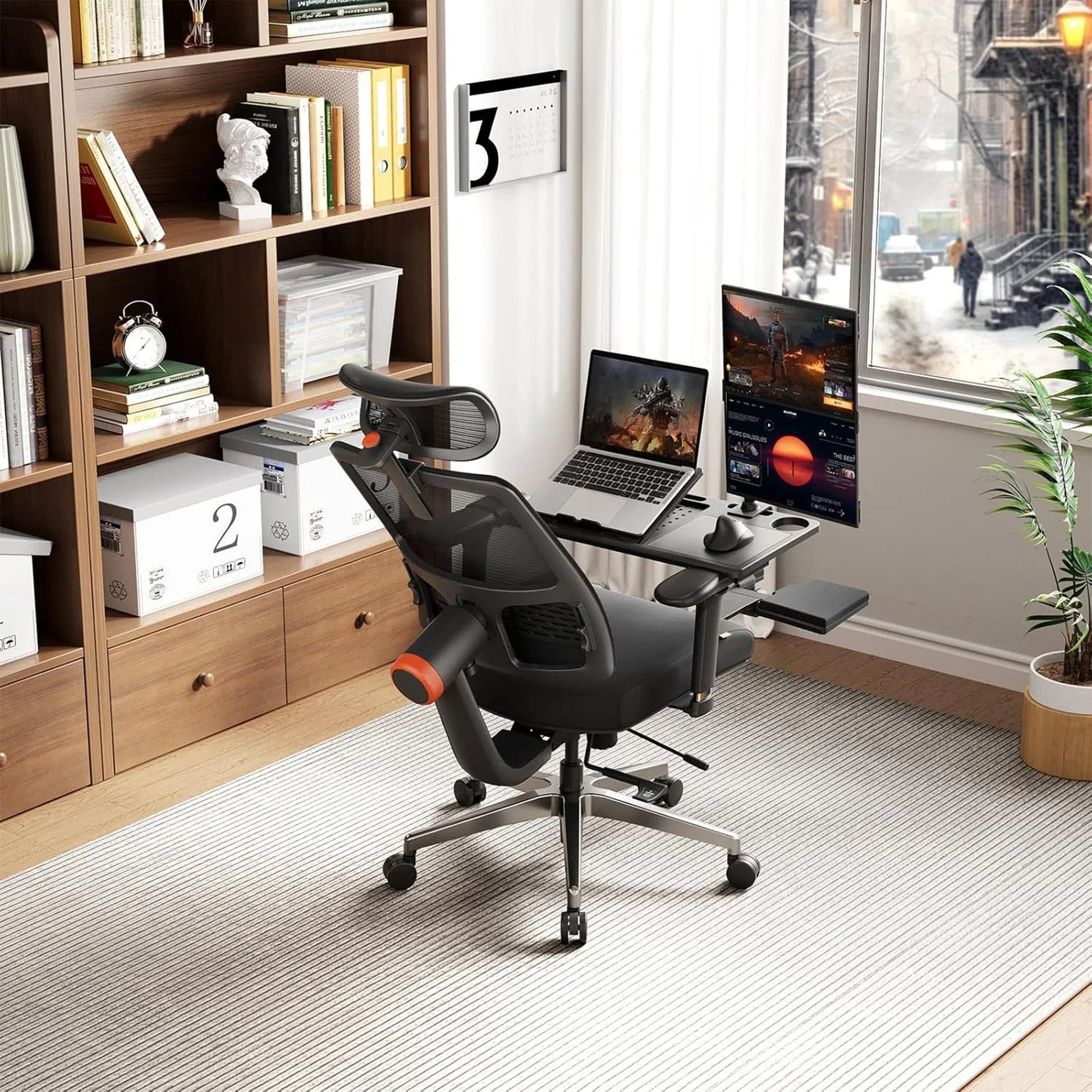 Scaun ergonomic birou 2 in 1, Cu suport picioare, Spatar inclinabil, Tetiera auto-follow, Cotiere 4D, Reglaj inaltime si adancime, Tavita laptop detasabila, Suport pahar, Plasa Mesh, Negru - 221.ro