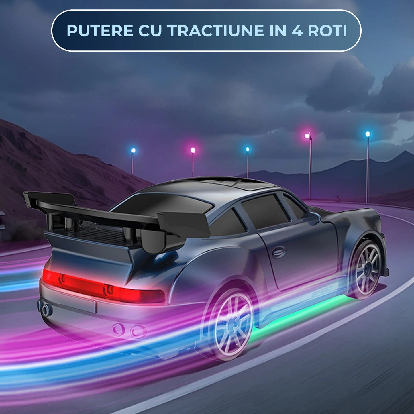 Masina cu telecomanda RC, 1:64 drift car, 4x4 full proportional, Lumini LED, Viteza si drift pe masa, Incarcare USB, Telecomanda 2,4G, Copii 7-14 ani, Albastru inchis - 221.ro