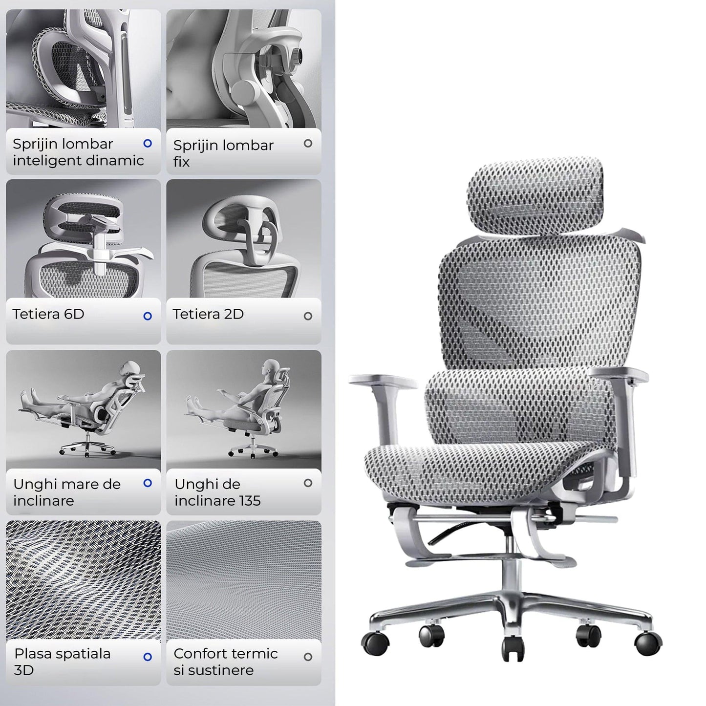 Scaun birou ergonomic Timebox, Plasa mesh respirabil, Tetiera, 4D armrest, Reglaj inaltime si adancime sezut, Suport picioare rabatabil, Spatar cu suport lombar ajustabil, Rotativ cu roti, Gri - 221.ro