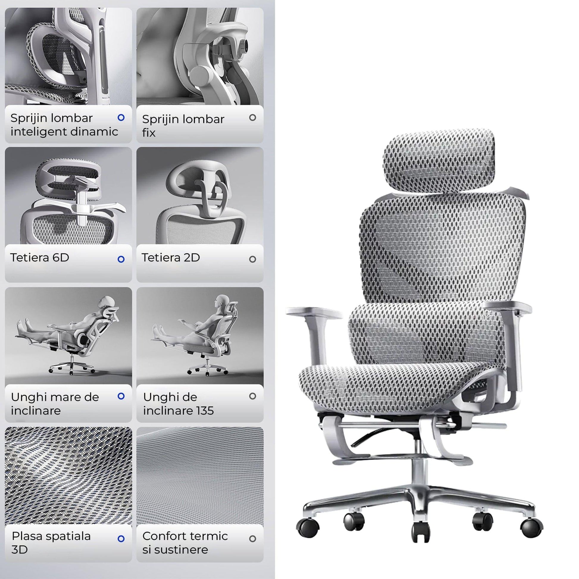 Scaun birou ergonomic Timebox, Plasa mesh respirabil, Tetiera, 4D armrest, Reglaj inaltime si adancime sezut, Suport picioare rabatabil, Spatar cu suport lombar ajustabil, Rotativ cu roti, Gri - 221.ro