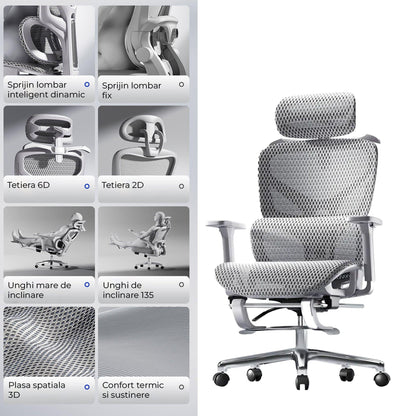 Scaun birou ergonomic Timebox, Plasa mesh respirabil, Tetiera, 4D armrest, Reglaj inaltime si adancime sezut, Suport picioare rabatabil, Spatar cu suport lombar ajustabil, Rotativ cu roti, Gri - 221.ro