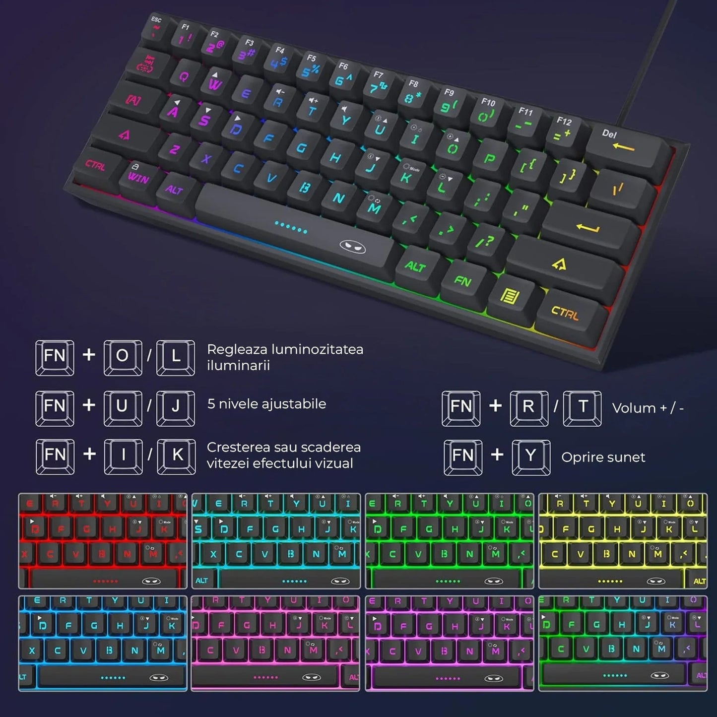 Tastatura Gaming 60% RGB TS91 Timebox, Compacta PC Laptop, Waterproof, Negru