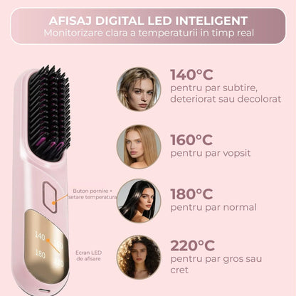 Perie Ionica pentru Indreptat si Ondulat Parul, Wireless, Placute Ceramice, Roz