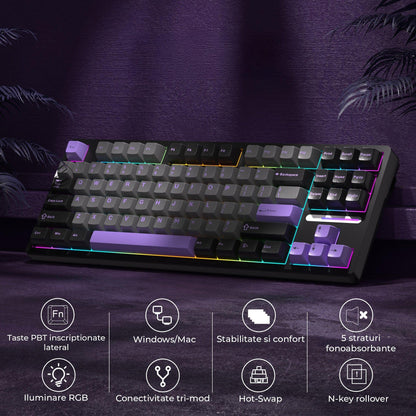 Tastatura Mecanica Gaming Timebox, 80%, Hot-Swap, Wireless, Gasket, Mov
