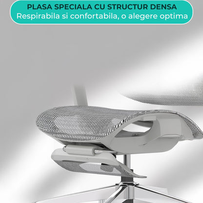 Scaun ergonomic Timebox, Reglare inaltime, spatar in 6 pozitii 150°, Cotiere 4D, Plasa Mesh, Profil lombar flexibil, Suport Picioare, Baza din aluminiu durabil, pana la 150 kg, Gri - 221.ro