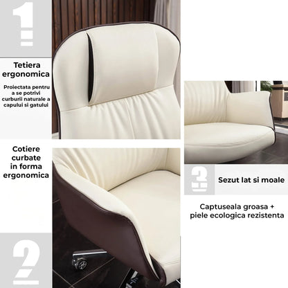 Scaun Directorial Din Piele Naturala pentru Birou Timebox, Reglabil pe Inaltime, Rotativ, Cadru din Lemn si Spuma cu Densitate Mare, Design Modern si Confort Sporit pentru Utilizare Indelungata, Alb/Maro - 221.ro