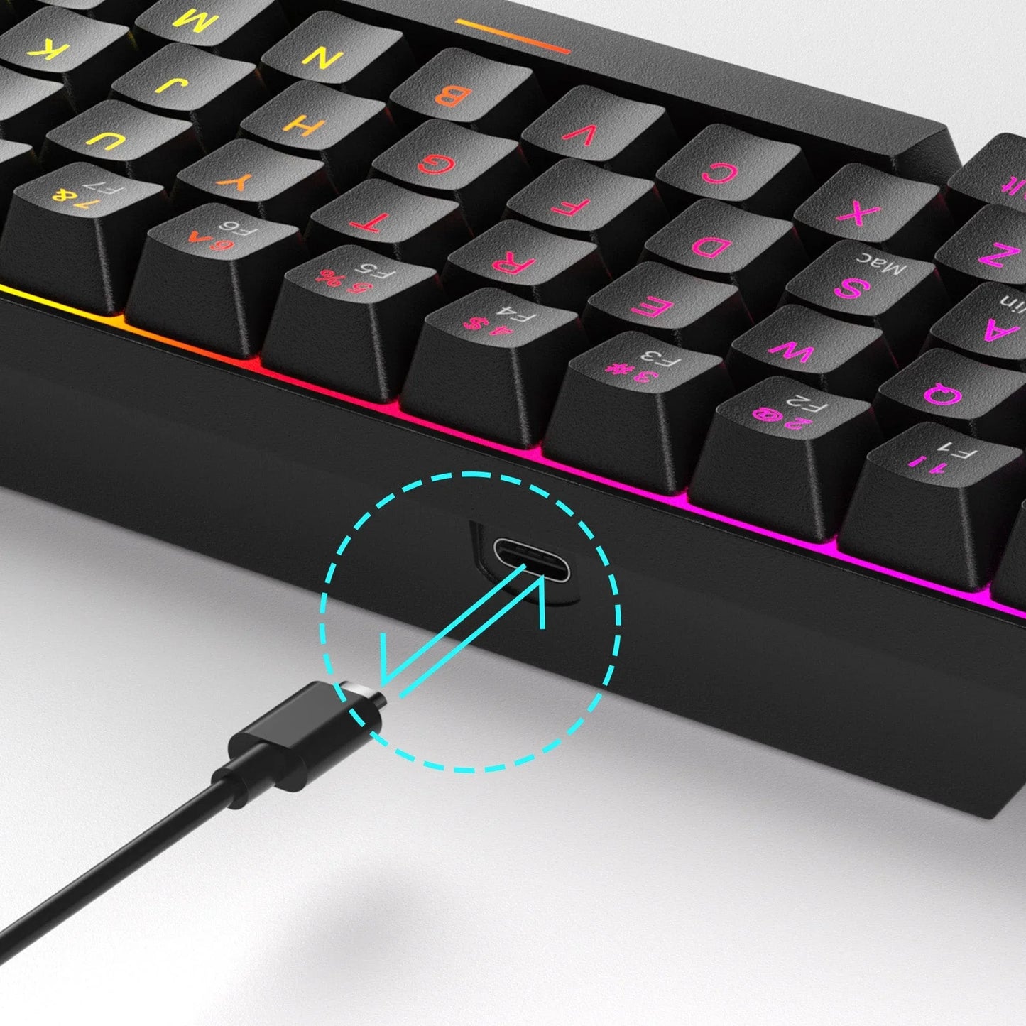Tastatura Mecanica Gaming Timebox, Iluminare RGB Personalizata cu Switch-uri Rosii, Anti-Ghosting, Design Compact, Format 60% compact si Conectivitate USB-C, Negru - 221.ro
