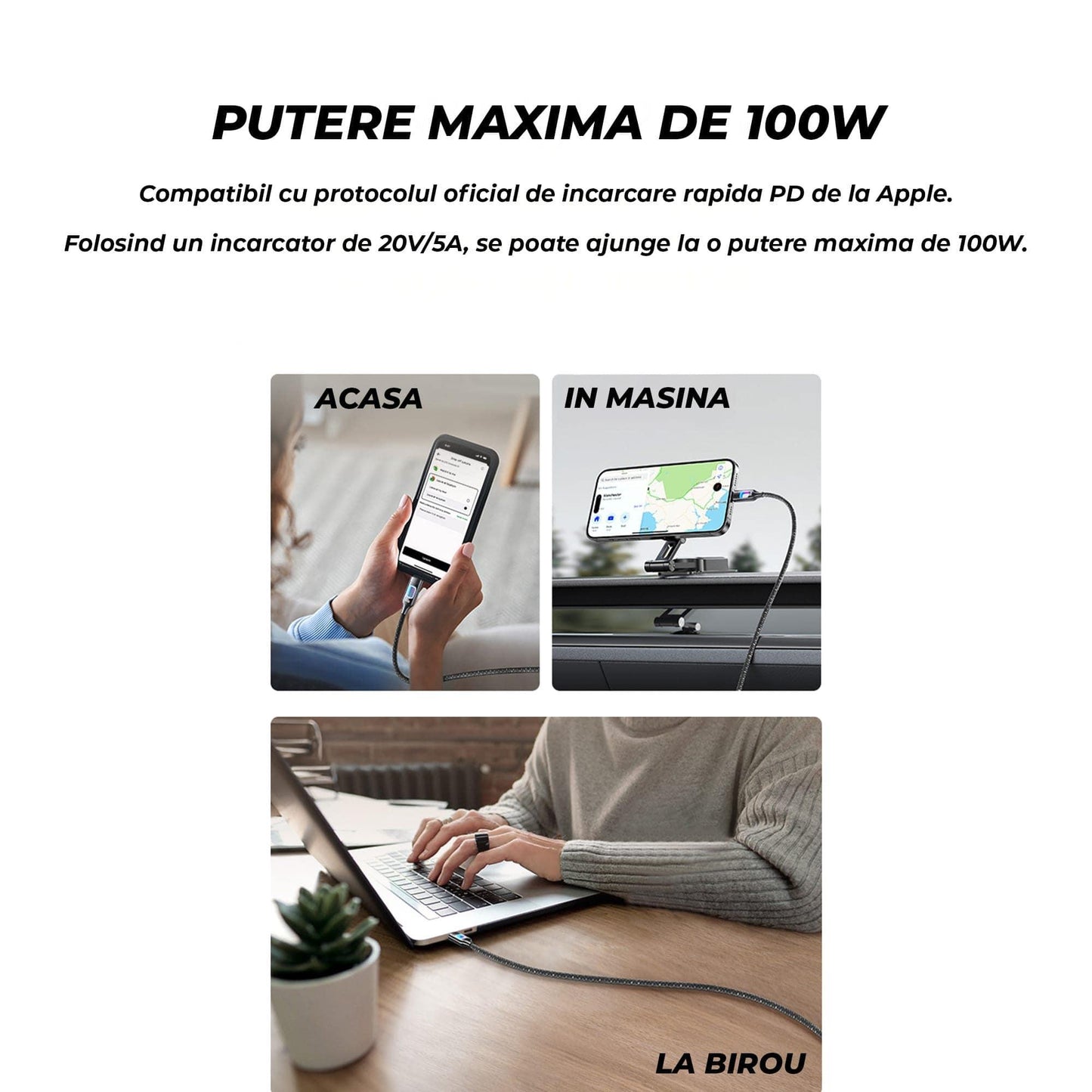 Cablu de Incarcare si Transfer de Date, Timebox, Fast Charge 100W, LED, USB-C la USB-C USB, Compatibil Macbook, iPhone, Samsung, Huawei, Xiaomi, Bej - 221.ro