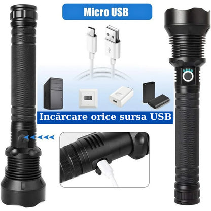 Lanternă Tactică LED XHP70 – 10.000 Lumeni, Zoom, 3 Moduri, USB Reîncărcabilă, Rezistență la Temperatură Scăzută, IPX5