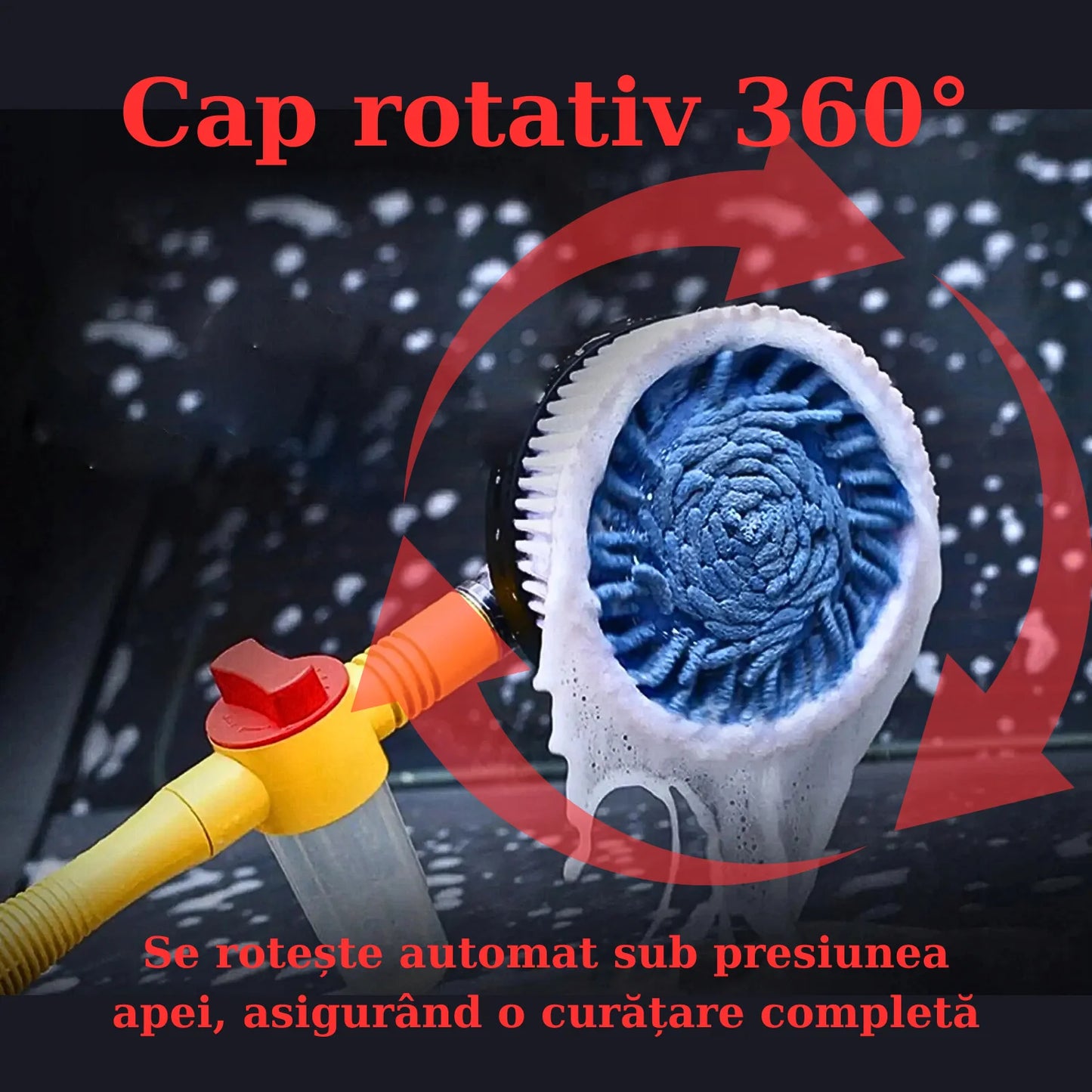 Perie Rotativă pentru Spălare Auto APF® – Spumare Automată, Mâner Lung 100cm, Curățare 360°, Presiune Ridicată