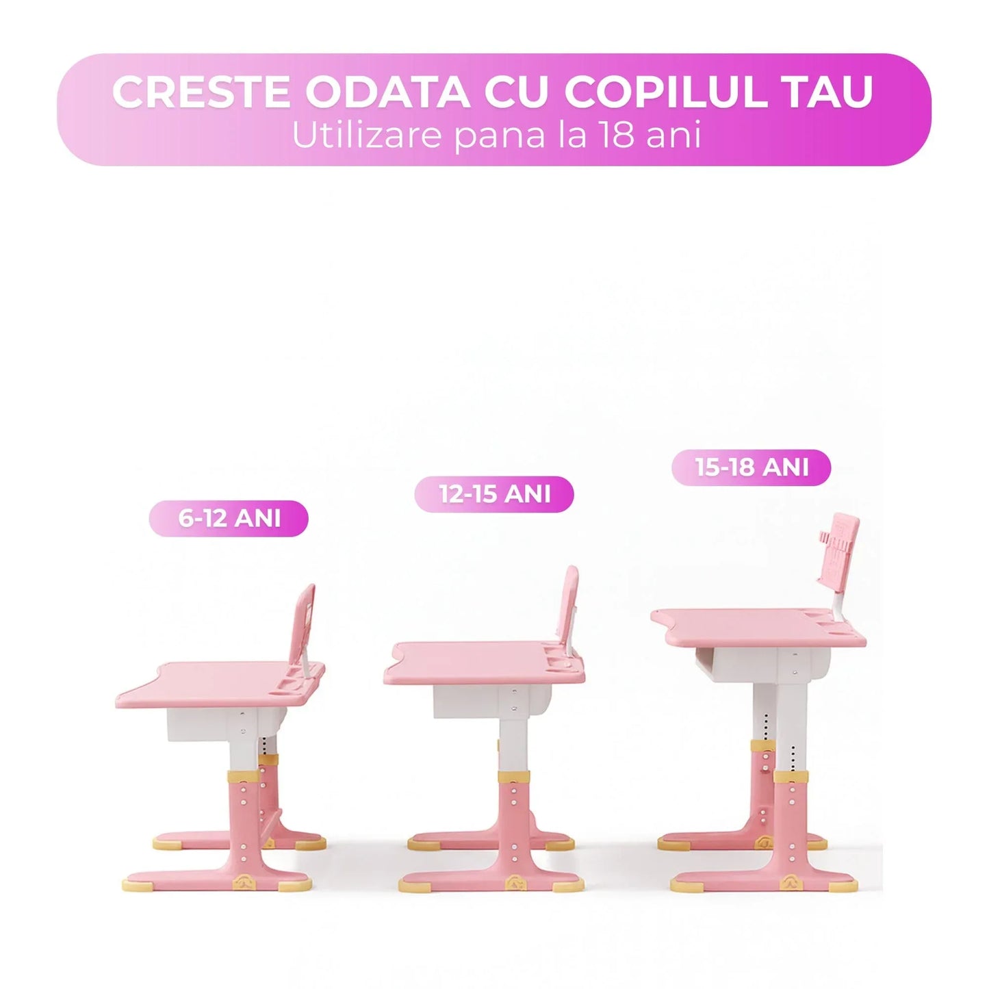Set Birou Copii + Scaun, Reglabil 6-18 ani, Blat 70x45 cm, Inclinare ergonomica, Suport carte, Lampa LED, Sertar, Colturi rotunjite, Roz - 221.ro