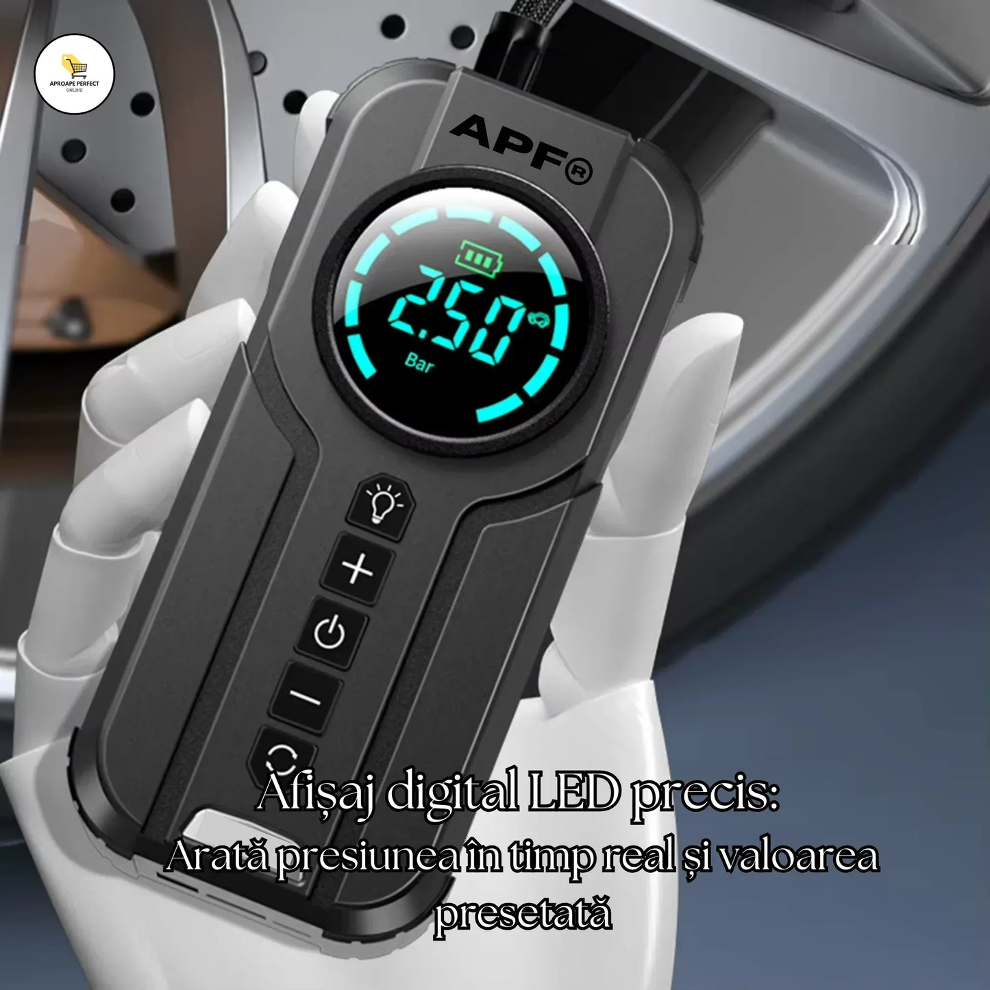 Starter/Compresor Auto Portabil APF® 150PSI, Baterie 6000mAh, Afișaj Digital LED, Lumini SOS, Fără Fir, USB-C