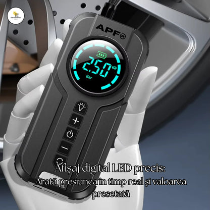 Starter/Compresor Auto Portabil APF® 150PSI, Baterie 6000mAh, Afișaj Digital LED, Lumini SOS, Fără Fir, USB-C