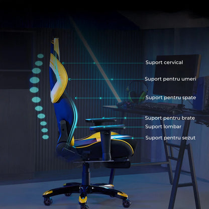 Scaun Gaming Ergonomic – Spatar Inalt, Design Sport, Rotativ 360°, Tapiterie Pet-Friendly, Cadru Metalic Rezistent Suport de Picioare, Galben - 221.ro
