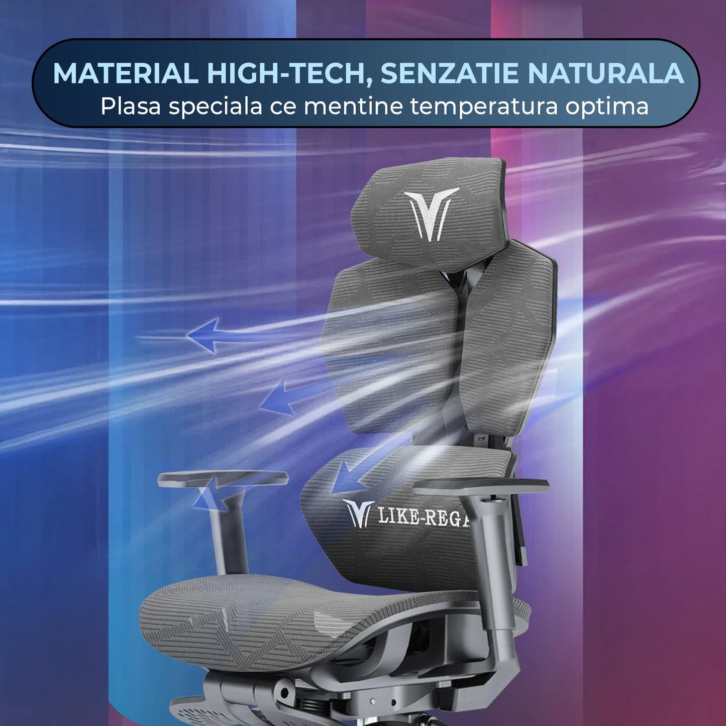 Scaun Gaming Ergonomic Reclinabil cu Plasa Respirabila, Suport Lombar, Sezut Reglabil pe Adancime, Brate 3D si Optional Suport pentru Picioare, Cilindru Clasa 4, Ideal pentru Gaming sau Birou, Negru - 221.ro