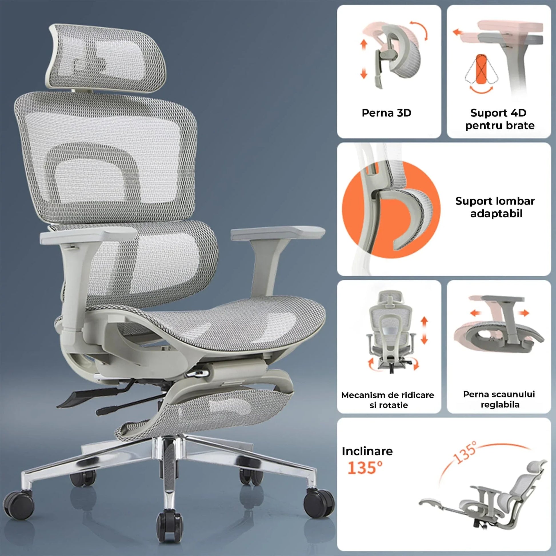 Scaun ergonomic Timebox, Reglare inaltime, spatar in 6 pozitii 150°, Cotiere 4D, Plasa Mesh, Profil lombar flexibil, Suport Picioare, Baza din aluminiu durabil, pana la 150 kg, Gri - 221.ro