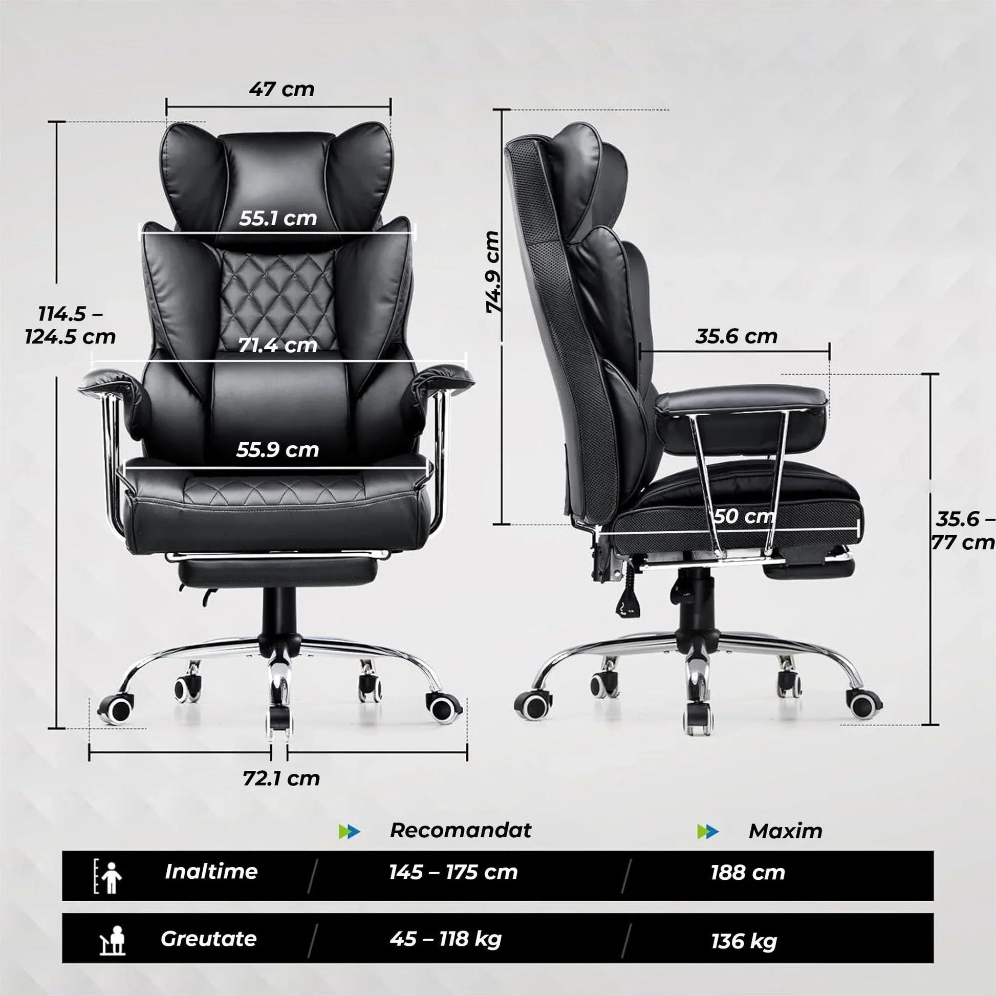 Scaun Office Timebox– Scaun Ergonomic Executiv din Piele cu Spatar Inalt, Suport Lombar cu Arcuri, Reclinabil 135°, Suport pentru Picioare si Cotiere Fixe, Confortabil, Cadru Metalic, Sustine Pana la 136 kg, Negru - 221.ro