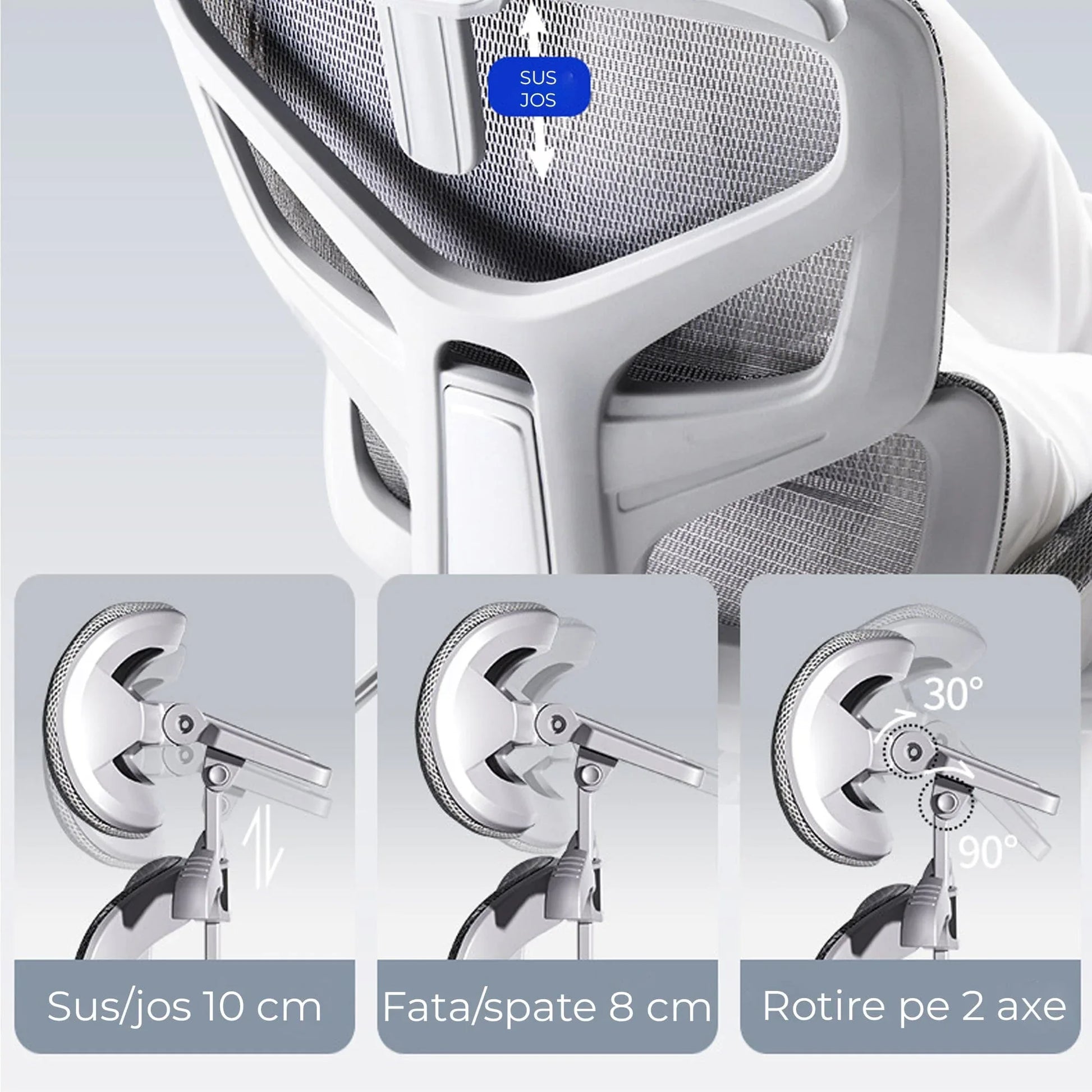 Scaun birou ergonomic Timebox, Plasa mesh respirabil, Tetiera, 4D armrest, Reglaj inaltime si adancime sezut, Suport picioare rabatabil, Spatar cu suport lombar ajustabil, Rotativ cu roti, Gri - 221.ro