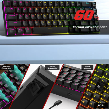 Tastatura Mecanica Gaming Timebox, Iluminare RGB Personalizata cu Switch-uri Rosii, Anti-Ghosting, Design Compact, Format 60% compact si Conectivitate USB-C, Negru - 221.ro