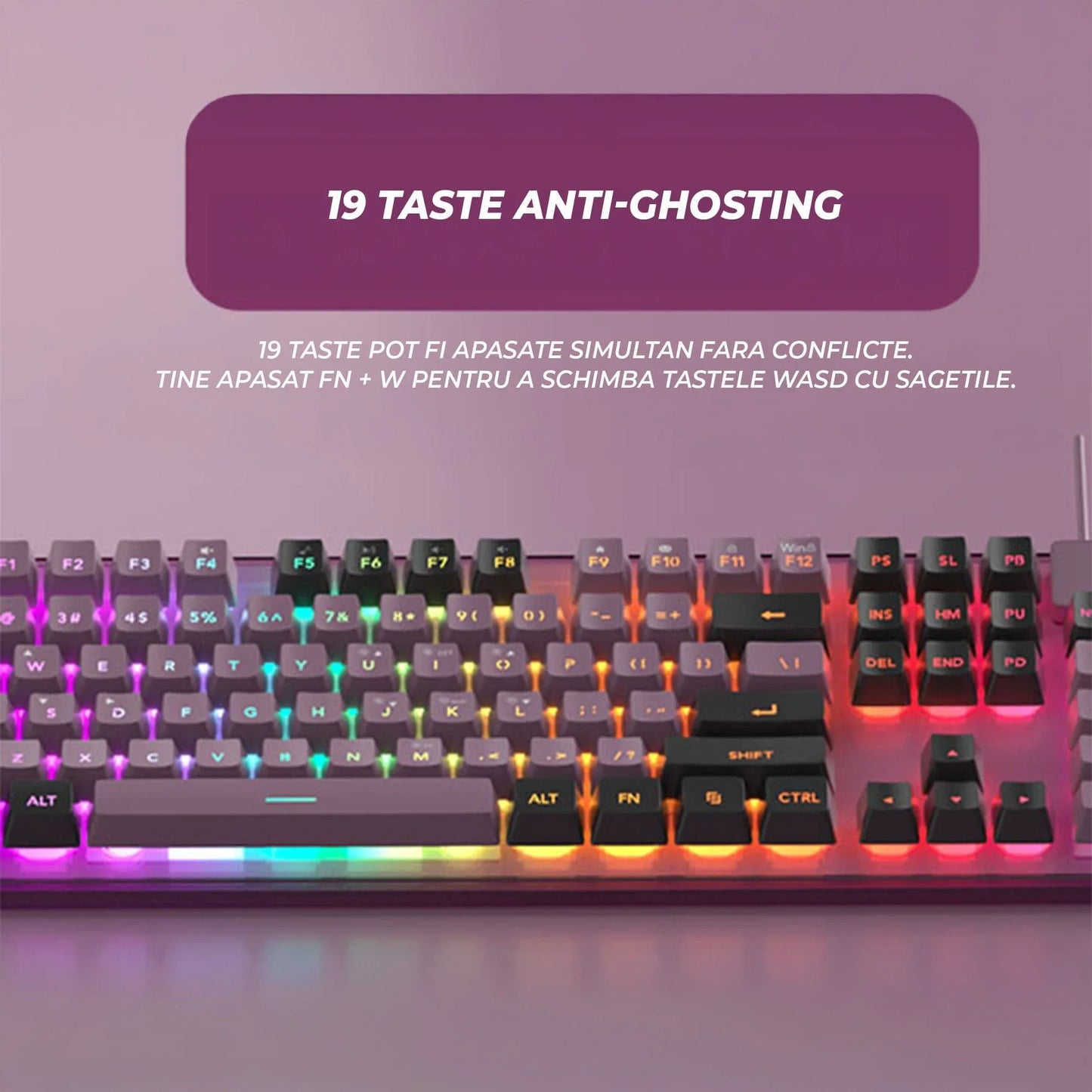 Kit Gaming TimeBox – Tastatura Full Size cu Carcasa Transparanta si 19 Taste Anti-Ghosting, 8 Culori RGB, Lumina Reglabilă, Mouse cu Iluminare LED 7 Culori si DPI Reglabil, Ergonomic, Mov - 221.ro