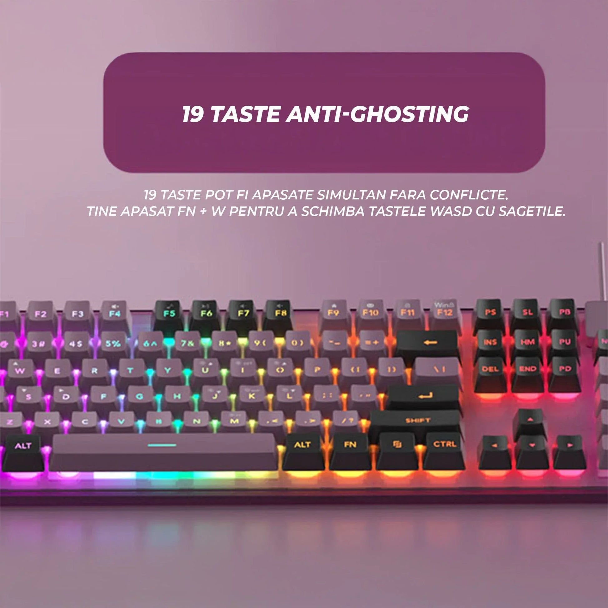 Kit Gaming TimeBox – Tastatura Full Size cu Carcasa Transparanta si 19 Taste Anti-Ghosting, 8 Culori RGB, Lumina Reglabilă, Mouse cu Iluminare LED 7 Culori si DPI Reglabil, Ergonomic, Mov - 221.ro