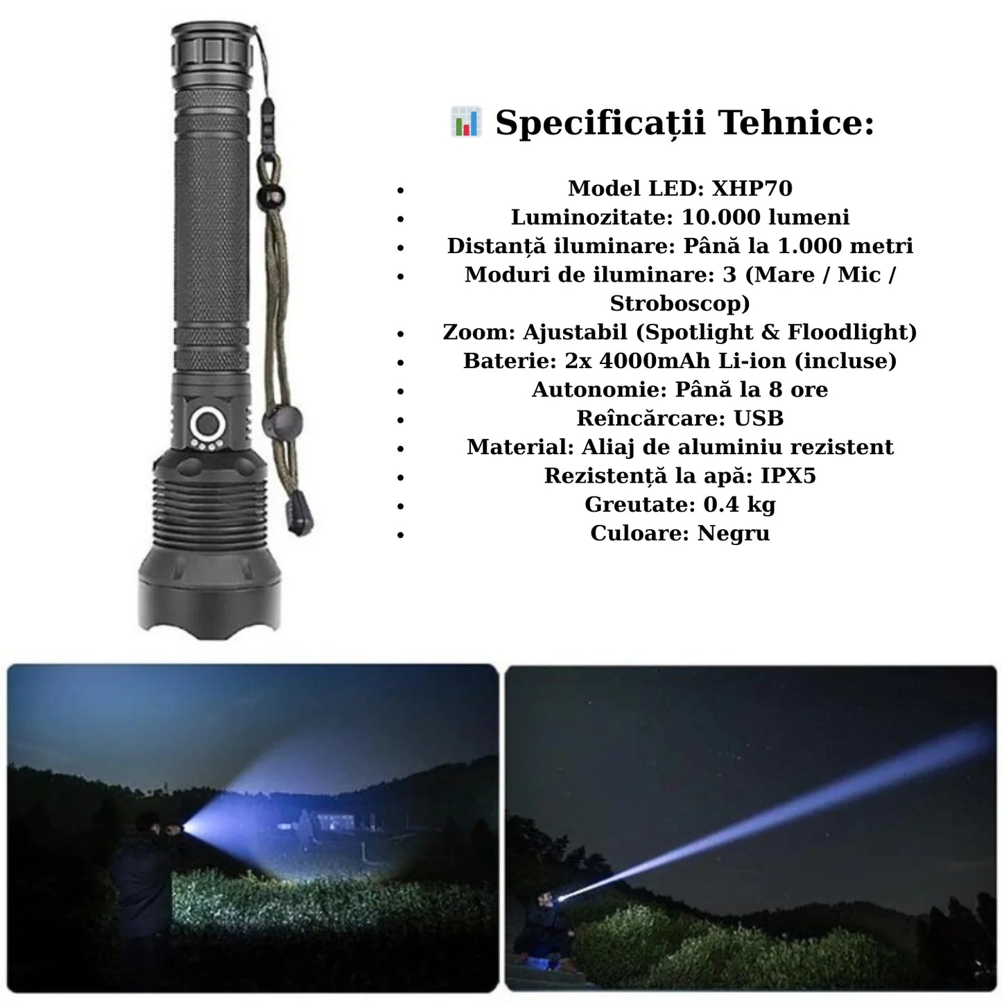 Lanternă Tactică LED XHP70 – 10.000 Lumeni, Zoom, 3 Moduri, USB Reîncărcabilă, Rezistență la Temperatură Scăzută, IPX5