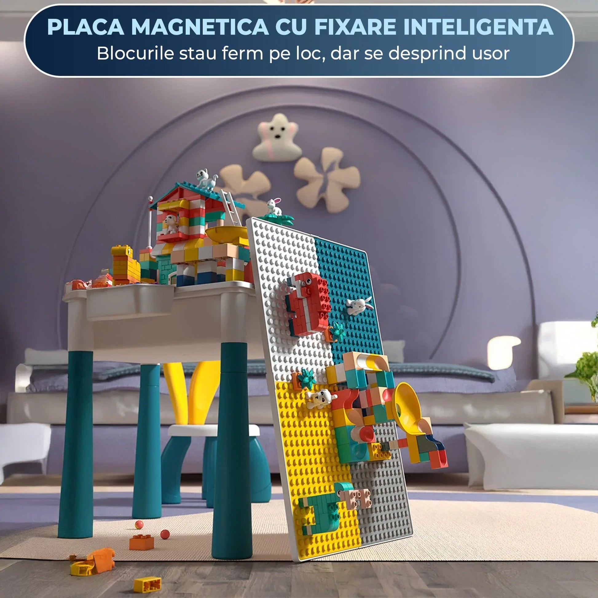 Masa Multifunctionala cu Piese Compatibile Lego Duplo – Set 61x41cm cu 276 Piese, 1 Scaun, Masa de Joaca si Invatare pentru Copii, Ideal pentru Constructii DIY, Interior sau Gradinite - 221.ro